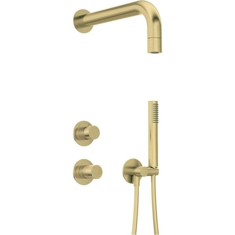 Set miscelatore doccia a incasso verticale con doccetta e soffione fisso oro spazzolato - Hexo