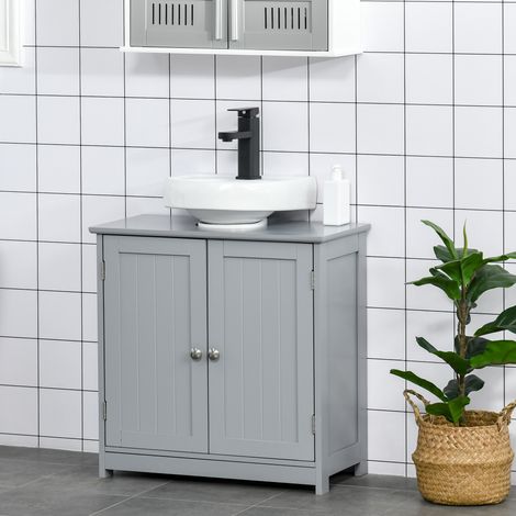 60x60cm Under-Sink Storage Cabinet w/ Adjustable Shelf Handles Drain Hole Bathroom Cabinet Space Saver Organizer Grey