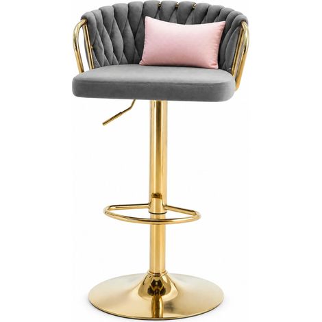 Tabouret de bar réglable pivotant en velours gris foncé, dossier et accoudoirs, repose-pieds, base dorée antidérapante, style cuisine et café - CHICFURN (1/5)