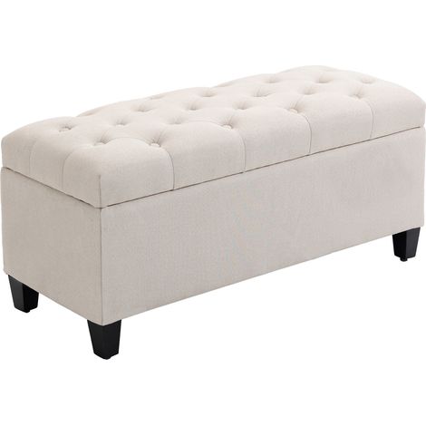 Panca imbottita con contenitore, poliestere effetto lino, legno, bianco crema, 100 x 40 x 44 cm (1/5)