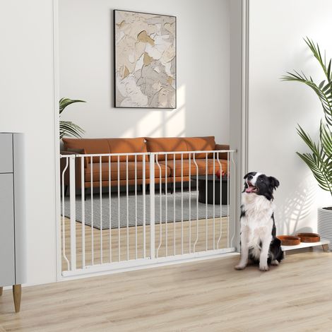 Barrière de sécurité chien barrière extensible 75-145x76 cm barrière escaliers couloirs portes sans perçage en acier et ABS blanc