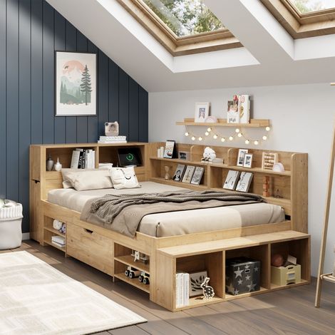 Lit enfant multifonction 90x200 cm avec rangements intégrés, bibliothèque, tiroir, recharge sans fil, sommier à lattes, contreplaqué, naturel (1/5)