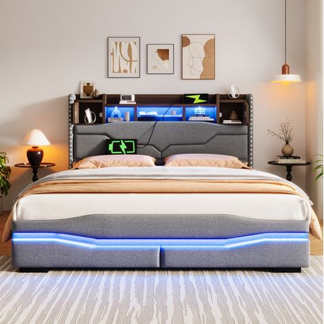 Bett 160x200 cm modern gepolstert in Grau mit Kopfteil-Stauraum, hydraulischem Bettkasten, LED und USB/Typ-C (1/5)