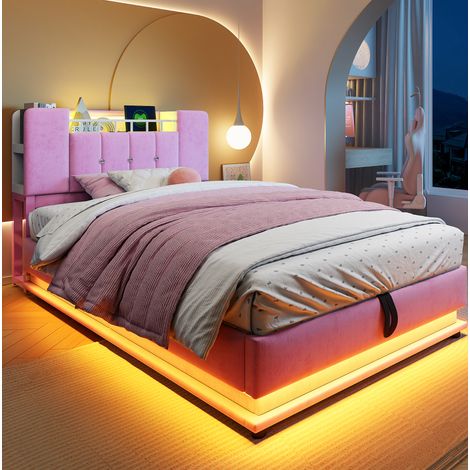 Letto imbottito bambini 90x200 cm rosa, rivestimento in velluto con LED e USB (1/5)