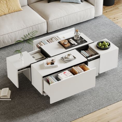 Tavolino da caffè 100x60x40 cm bianco e nero in truciolare con 4 cassetti e piano lucido (1/5)