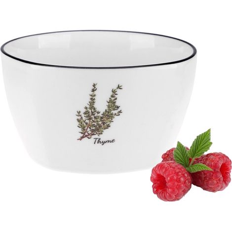 Ensaladera de porcelana PROVENCE THYME 350 ml blanco lechoso estampado colorido ramita de tomillo borde negro porcelana New Bone (1/2)