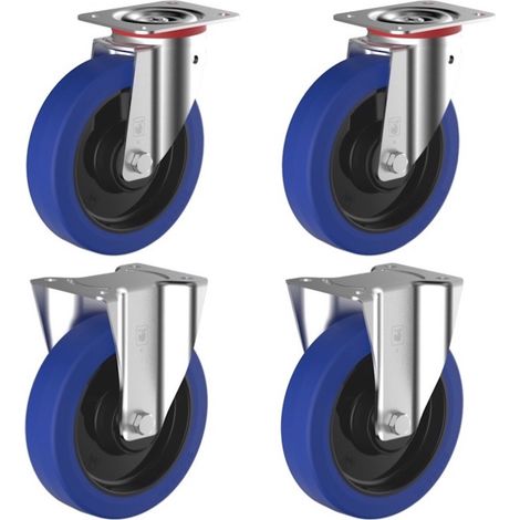 Lot de 4 roulettes pivotantes et fixes caoutchouc EASYROLL® BLEU 125 mm charge - 600 Kg (1/3)