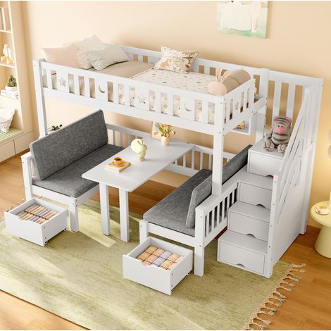 Cama alta multifuncional de pino blanco 90x200 cm con escritorio plegable, cama inferior y escalera con almacenaje