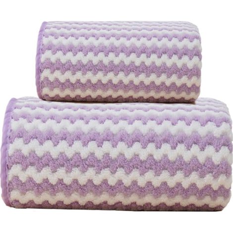 Lot de 2 serviettes de bain en polaire corail violet (35x75cm et 70x140cm) : douces et ne peluchent pas, idéales pour les couples. (1/5)