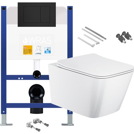 Gloss White Rimless Square Wall Hung Toilet with Low Height 0.75m Concealed Cistern Frame Set - Matt Black Plate