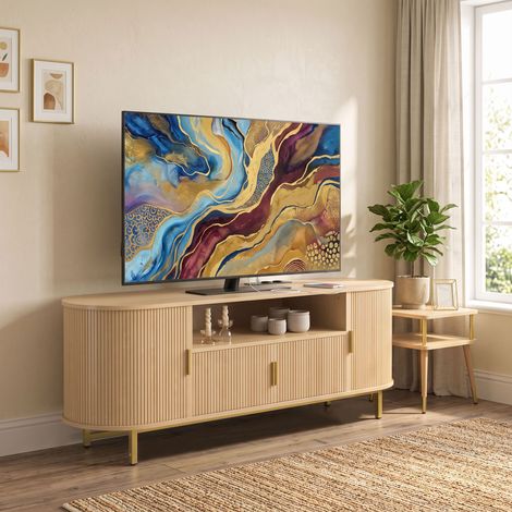 Meuble TV 140 cm, 2 Prises 2 Ports, pour 84 Pouces, 2 Portes Battantes, 2 Coulissantes, Chêne (1/5)
