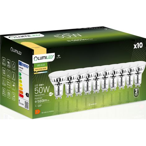 10 bombillas LED GU10 tipo foco PAR16 de 6W = 50W, 580lm, 3000K, luz cálida, 120° LUMILED