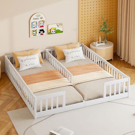 Lit simple 90x200 cm, lit enfant 2 places avec barrière, en bois de pin, blanc, sans matelas (1/5)