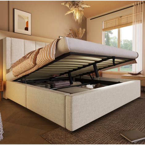 Bettgestell 160x200 cm Beige aus Leinen mit Matratze, Stauraum, Becherhalter und Ladestation (1/5)