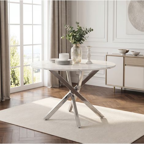 Runder Esstisch 80 x 80 x 75 cm in weißer Marmoroptik mit silbernen Beinen (1/5)