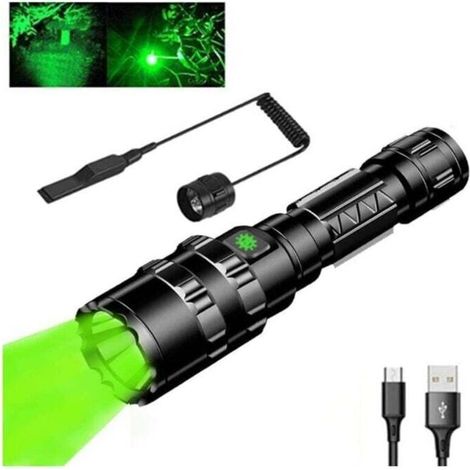 Torche, torche de chasse verte, torche de lumière verte 1000 lumens 300 mètres étanche 5 modes torches tactiques (noir)-