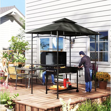Pavillon de barbecue 240x150x258 cm avec toit double, 4 LED, étagères latérales, acier polyester gris foncé (1/5)