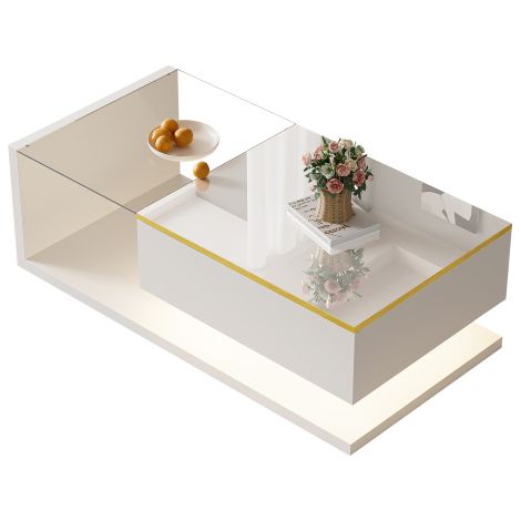 Table basse, finition blanc brillant. Table d'appoint table basse agrémentée d'accents en verre et d'effets d'éclairage LED.