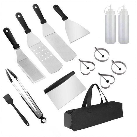 14 Pcs Ensemble D'accessoires pour Plaque Chauffante Professionnelle BBQ, en Acier Inoxydable Spatule Plancha - Idéal pour Les grillades Teppanyaki - Kit Cadeau Grill (1/4)