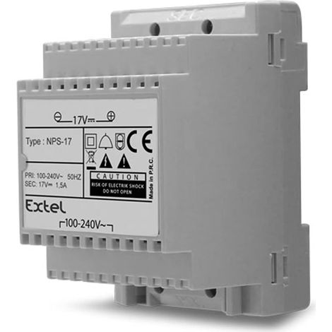 1 Adaptateur secteur sur rail DIN, entrée 100-230 V, sortie 17 V, pour visiophone et interphone vidéo Extel