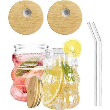 Coffee Glasses, Cappuccino and Latte Cups, Glasses with Lid and Straw, Suitable for Drinks Such as Matcha, Beer, Juice (1/4)