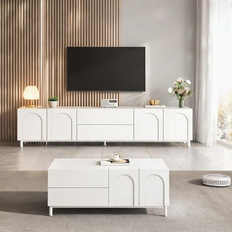 Meuble TV et table basse blancs avec rangements cintrés 180 cm (1/5)