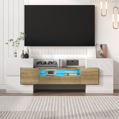 Mobile TV 145x30x51 cm, porta TV basso dal design moderno per soggiorno con LED, dettagli in vetro elegante e ampio spazio contenitore, bianco e oro (1/5)
