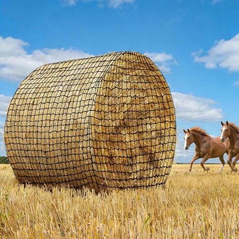 Filet à foin rond renforcé 6 x 6 pi pour chevaux et bétail, grand filet à foin robuste pour balles rondes, filet à foin à alimentation lente sans nœuds à 12 brins avec mailles de 2,2 pouces (1/5)