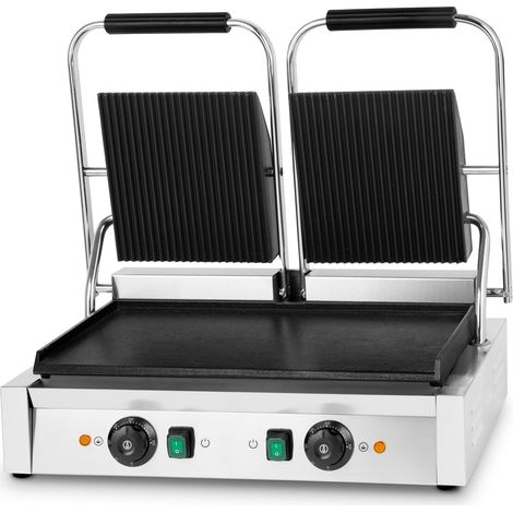 VERTES Grill de Doble Contacto 3600W, Planchas de Hierro Fundido Ranuradas, Gastronomía Multigrill para Panini, Galette, Sandwich, Carcasa de Acero Inoxidable, Ajustable de 0-300°C, Antiadherente (1/5)