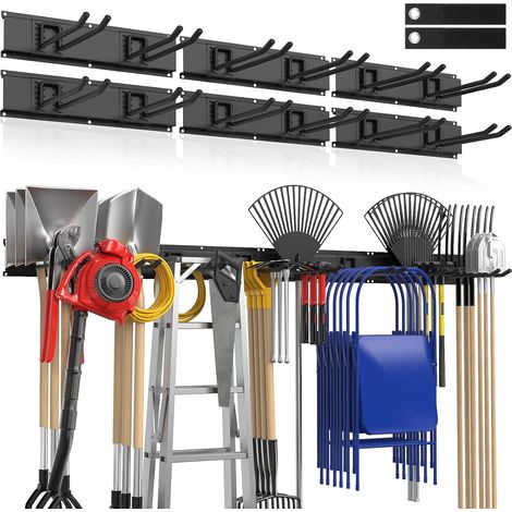 Organisateur d'Outils de Jardin Renforcé 244cm Supporte 720 lbs Système de Rangement Garage, 6 Rails+12 Crochets Métalliques Réglables,pour Râteau/Balai/Planche de Snowboard (1/5)
