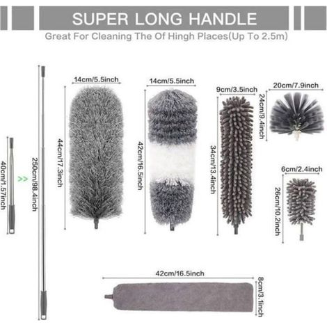 Plumeau Poussière - Tige Télescopique Microfibre - Pour Nettoyage Plafond Meubles Hauteurs Difficiles - 7 Pièces (1/4)