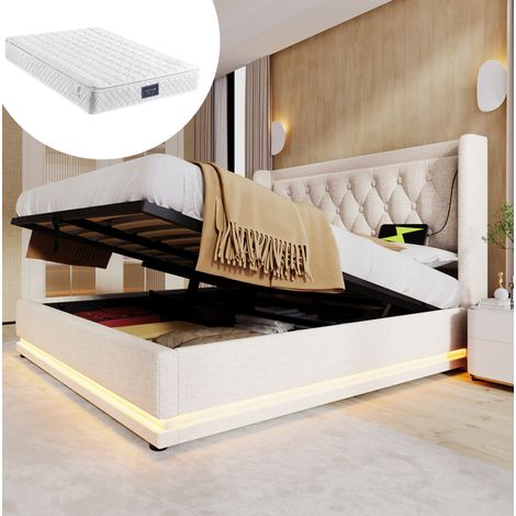 Cama doble con almacenamiento LED USB beige 140x200 OKMYHOME (1/5)