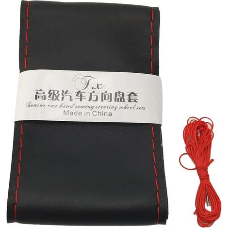 Housse de volant tressée (40 cm, noir et rouge) pour voiture, compatible avec les volants de 36/38/40 cm. Revêtement en similicuir souple texturé. Aiguilles et fil inclus. (1/5)