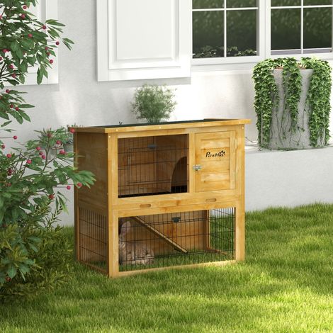 Clapier à lapin bois en 2 étages avec 3 portes plateau coulissant rampe toit bitumé 85 x 50 x 80 cm jaune