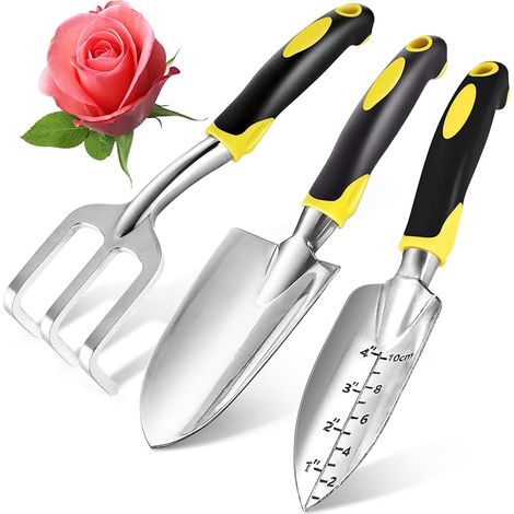Kit de 3 Outils de Jardinage en Aluminium : Griffe, Pelle Large et Pelle à Bord Gradué - Plantation, Désherbage - Manche Ergonomique Antidérapant Jaune Vif (1/5)