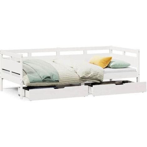Canapé-lit avec tiroirs, matelas non inclus, blanc, 90x200 cm, bois massif. (1/5)