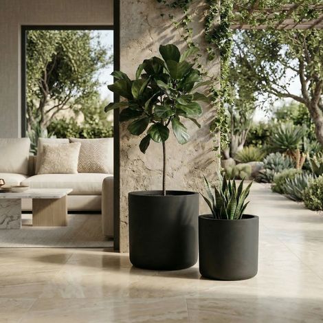 2 jardinières rondes béton noir 34x32cm et 40x40cm pots décoratifs extérieur intérieur trous drainage (1/5)