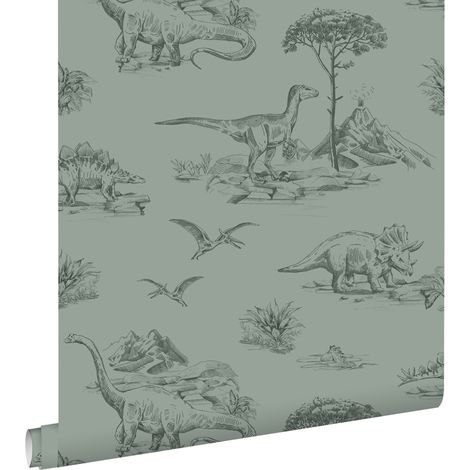 papier peint dinosaures vert grisé - ESTAhome (1/5)