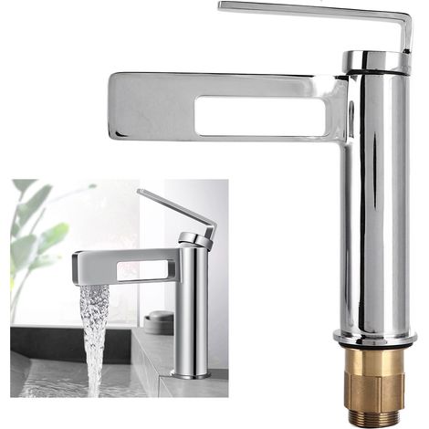 Robinet de lavabo de salle de bain tout cuivre de style cascade, vasque sous plan, lavabo monotrou, robinet d'eau chaude et froide, électroplaqué. (1/5)
