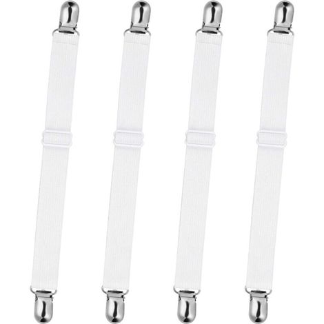 Attaches de Drap de Lit, 4 Bretelles Ajustables avec Pinces Robustes pour Draps Housses et Draps Plats (Blanc) (1/4)