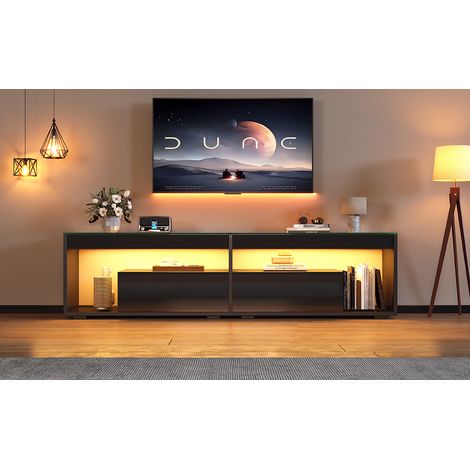 Meuble TV brillant noir pour téléviseurs jusqu'à 70 pouces, console avec 2 tiroirs, meuble de salon et chambre, finition laquée haute brillance. (1/5)