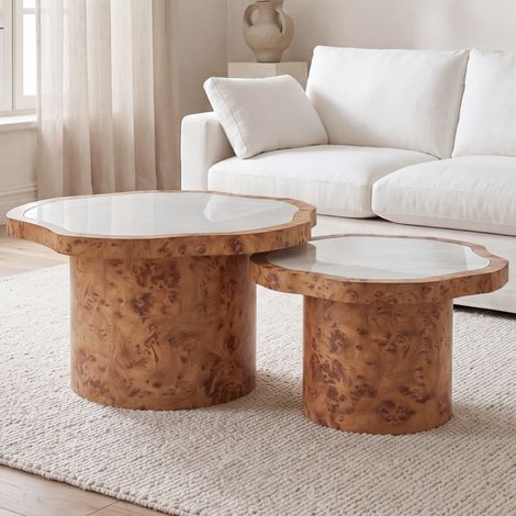 Wahson Couchtisch-Set Wolkenform Marmor-Optik Holzgestell, Runder Beistelltisch und stabilem Holzgestell für Wohnzimmer/Schlafzimmer, Marmor-Optik (1/5)