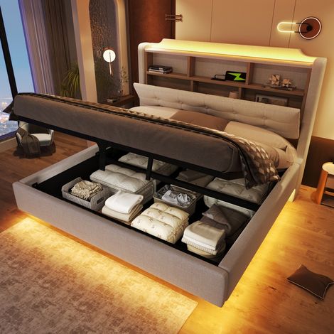 Lit double capitonné 140x200 cm lin beige design suspendu LED rangement hydraulique prises USB Type-C (sans matelas) (1/5)