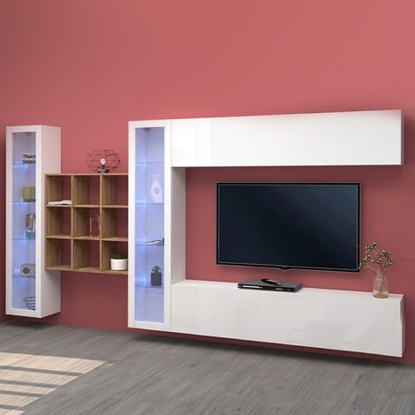 Mueble de TV de pared Eron WH con 2 armarios con puertas de cristal y 9 estantes. (1/5)