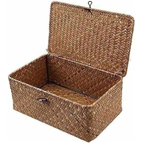 Panier de rangement en jonc de mer avec couvercle, petit panier en osier, boîte de rangement en rotin naturel, panier à linge, osier (1/5)