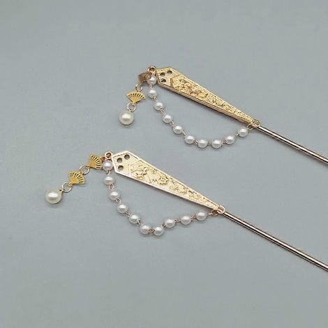 Lot de 2 bâtonnets à cheveux en métal avec chaînette de perles, baguettes à cheveux vintage pour chignon et cheveux longs (1/5)