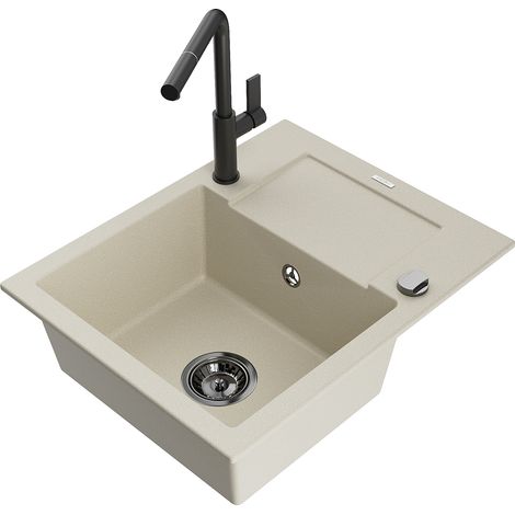 Mexen Enzo évier en granit 1 bac avec égouttoir et robinet de cuisine Flora, beige - 6506-69-670401-70-B (1/5)