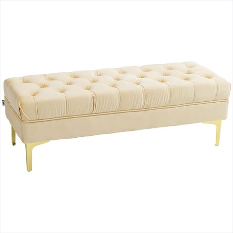Banquette bout de lit capitonnée velours polyester beige ton piètement doré 118 cm (1/5)
