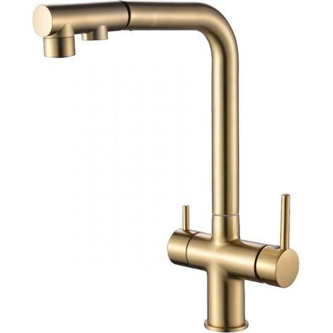 Robinet de cuisine filtrant avec pulvérisateur escamotable, filtre à eau rotatif à 360 degrés (or) (1/2)