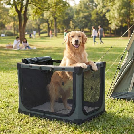 Jaula plegable para perros, transportín con cojín extraíble y lavable, funda de tela Oxford, para perros de hasta 30 kg, color verde militar.
